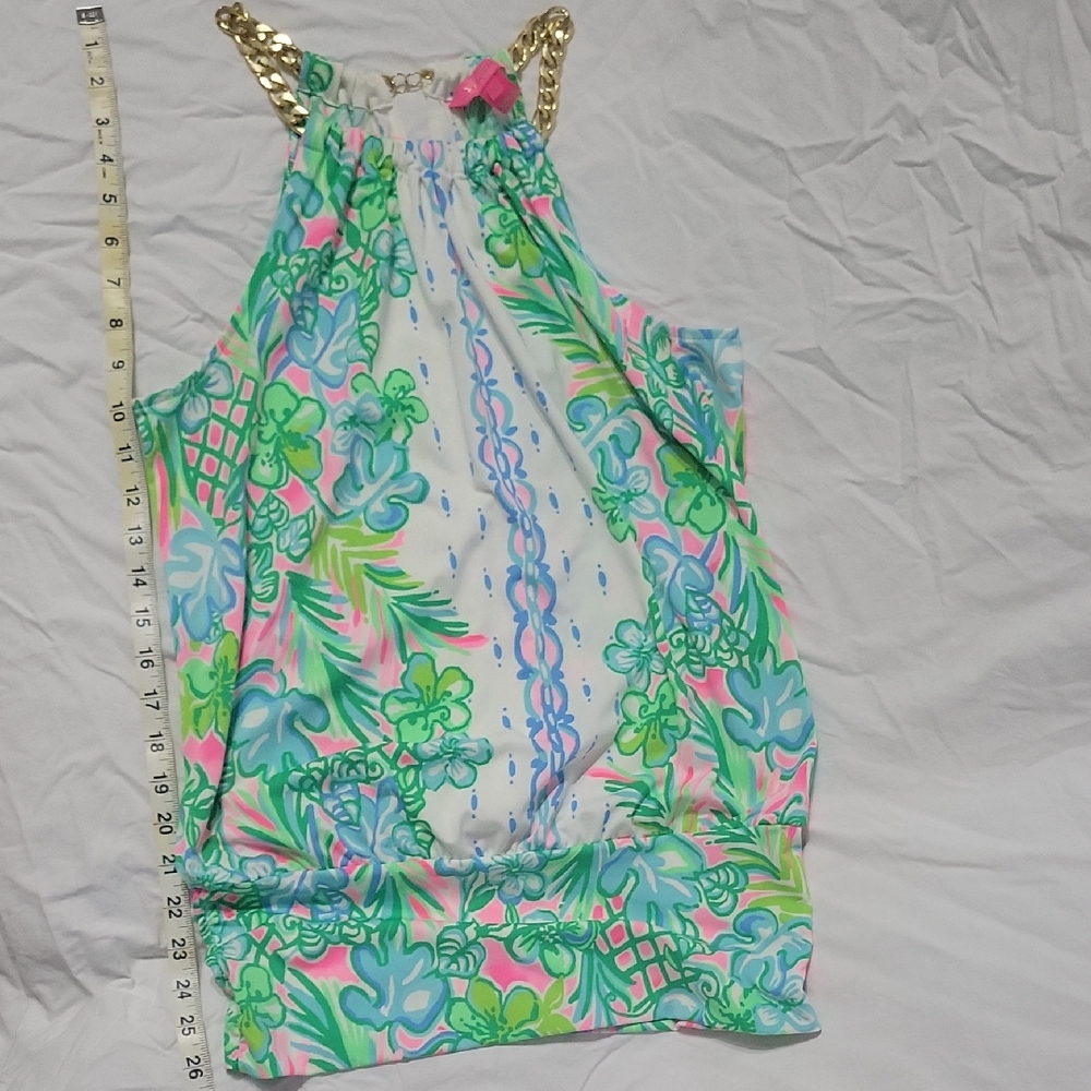 Lilly Pulitzer Green and Blue Floral Top with Gold Chain.  ItemA600